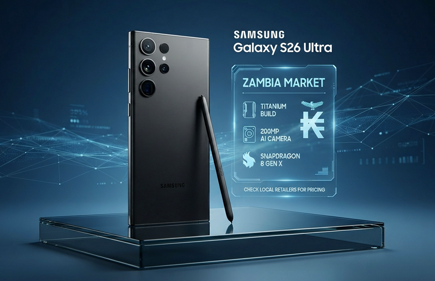 zamzone-mobiles-Samsung-Galaxy-S26-Ultra Samsung Galaxy S26 Ultra displayed with a sleek design, showcasing its features and specifications in a review context.